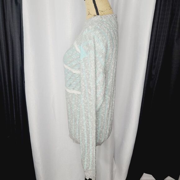 Vintage 80s 90s Mint Green Grey Striped Loose Knit Slouchy Sweater - Picture 2 of 12